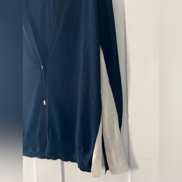 Akris Punto 100% Wool Black Navy Blue Cream Color Block Cardigan Sweater Sz 14 - Picture 6 of 8